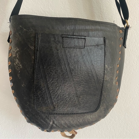 Ganeshhimal Crossbody Purse Recycled/Repurposed Rubber w Leather Whip Stitch - Picture 5 of 8